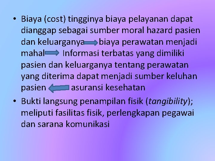  • Biaya (cost) tingginya biaya pelayanan dapat dianggap sebagai sumber moral hazard pasien