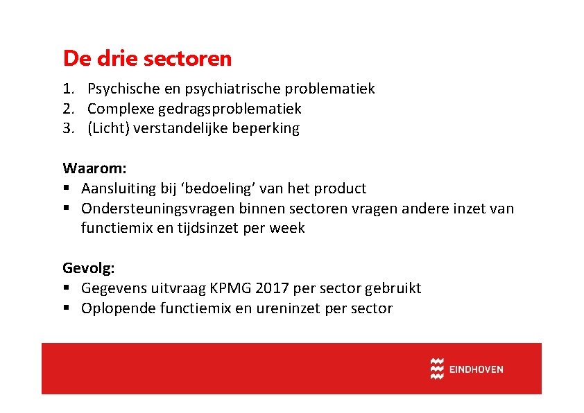 De drie sectoren 1. Psychische en psychiatrische problematiek 2. Complexe gedragsproblematiek 3. (Licht) verstandelijke