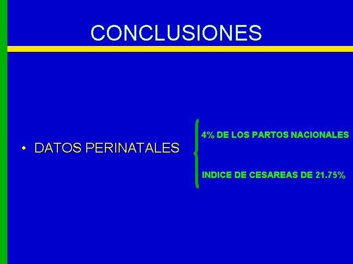 CONCLUSIONES • DATOS PERINATALES 4% DE LOS PARTOS NACIONALES INDICE DE CESAREAS DE 21.