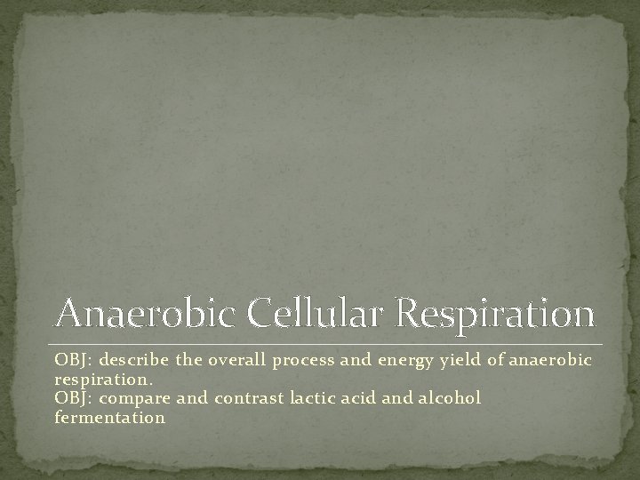 Anaerobic Cellular Respiration OBJ: describe the overall process and energy yield of anaerobic respiration. Anaerobic Cellular Respiration OBJ: describe the overall process and energy yield of anaerobic respiration.