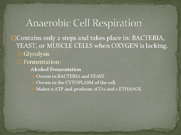 Anaerobic Cell Respiration �Contains only 2 steps and takes place in: BACTERIA, YEAST, or Anaerobic Cell Respiration �Contains only 2 steps and takes place in: BACTERIA, YEAST, or