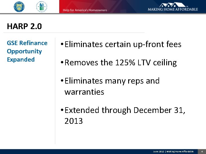 HARP 2. 0 GSE Refinance Opportunity Expanded • Eliminates certain up-front fees • Removes