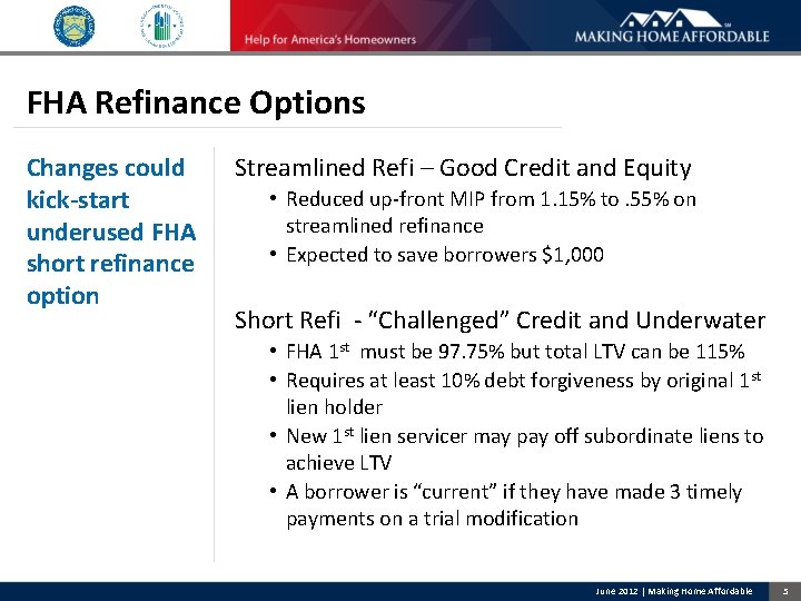 FHA Refinance Options Changes could kick-start underused FHA short refinance option Streamlined Refi –