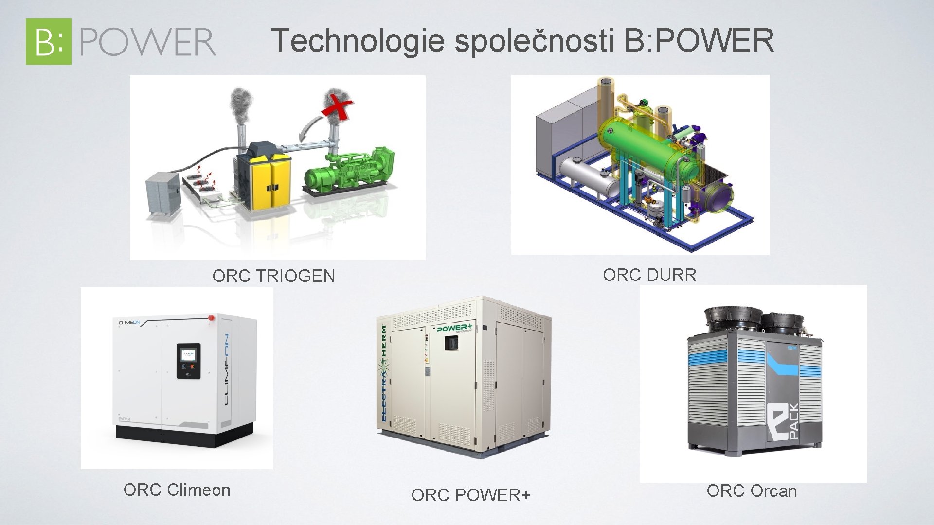 Technologie společnosti B: POWER ORC DURR ORC TRIOGEN ORC Climeon ORC POWER+ ORC Orcan