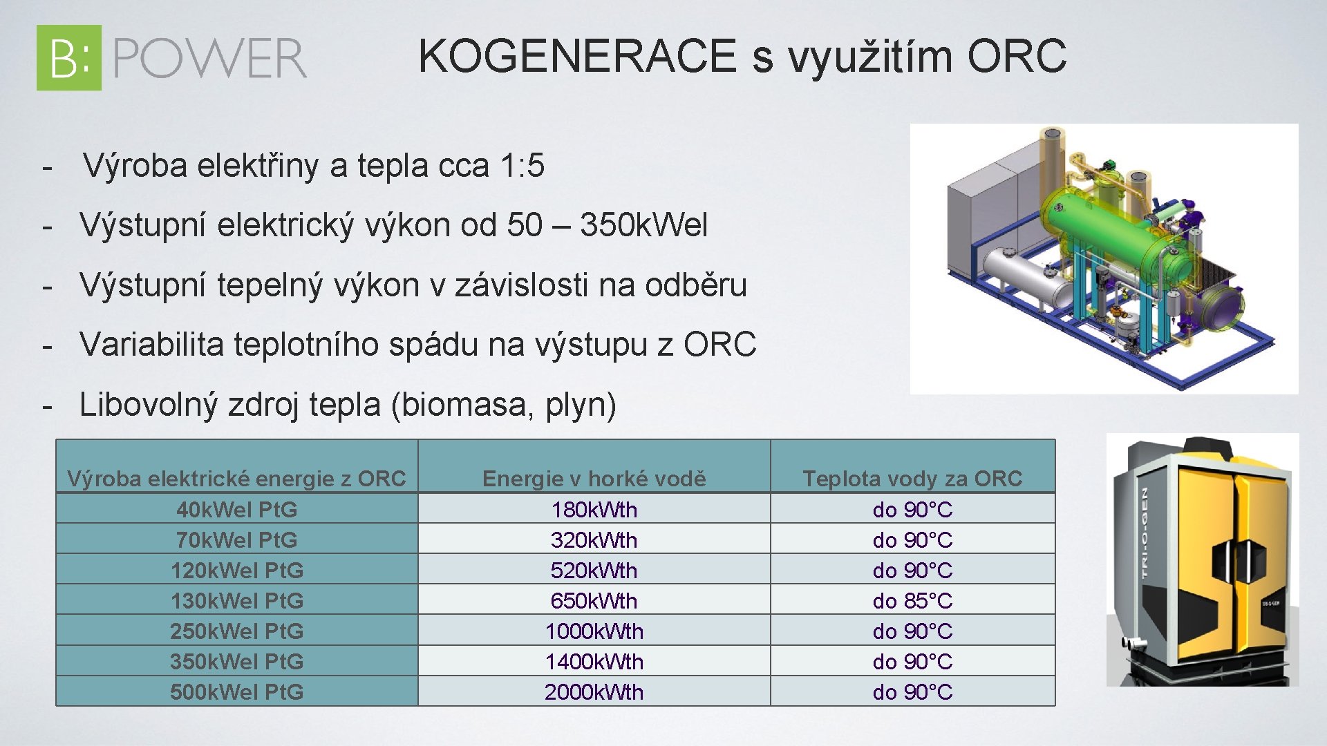 KOGENERACE s využitím ORC - Výroba elektřiny a tepla cca 1: 5 - Výstupní