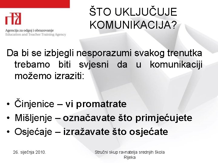 ŠTO UKLJUČUJE KOMUNIKACIJA? Da bi se izbjegli nesporazumi svakog trenutka trebamo biti svjesni da ŠTO UKLJUČUJE KOMUNIKACIJA? Da bi se izbjegli nesporazumi svakog trenutka trebamo biti svjesni da