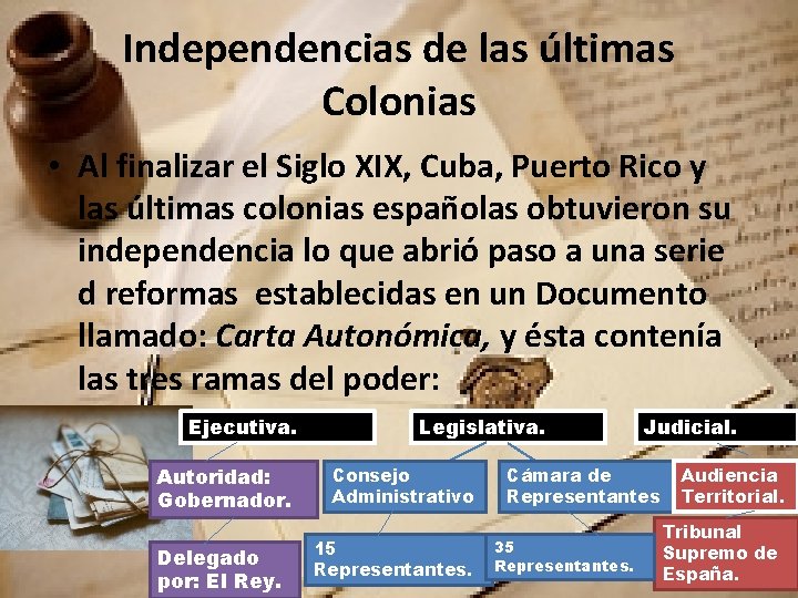Independencias de las últimas Colonias • Al finalizar el Siglo XIX, Cuba, Puerto Rico