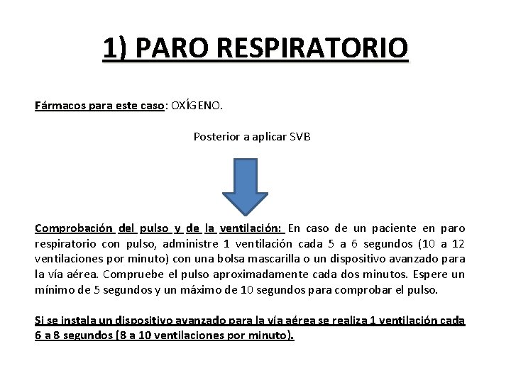 1) PARO RESPIRATORIO Fármacos para este caso: caso OXÍGENO. Posterior a aplicar SVB Comprobación