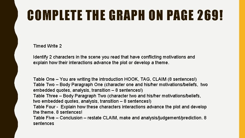 COMPLETE THE GRAPH ON PAGE 269! Timed Write 2 Identify 2 characters in the