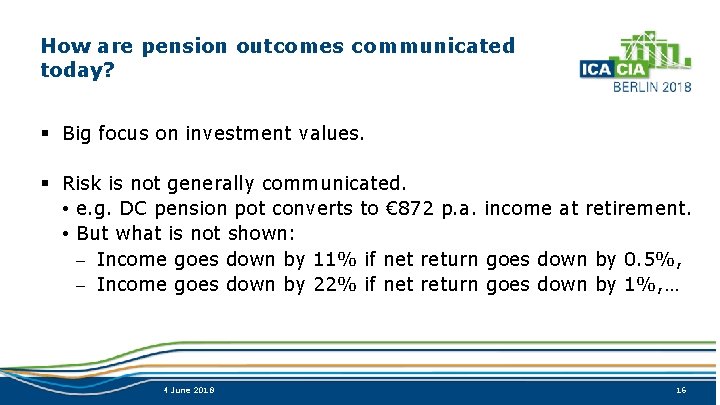 How are pension outcomes communicated today? § Big focus on investment values. § Risk