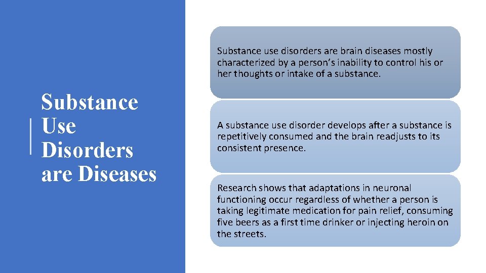 Substance use disorders are brain diseases mostly characterized by a person’s inability to control