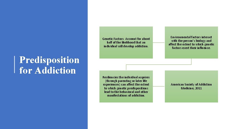 Predisposition for Addiction Genetic Factors- Account for about half of the likelihood that an