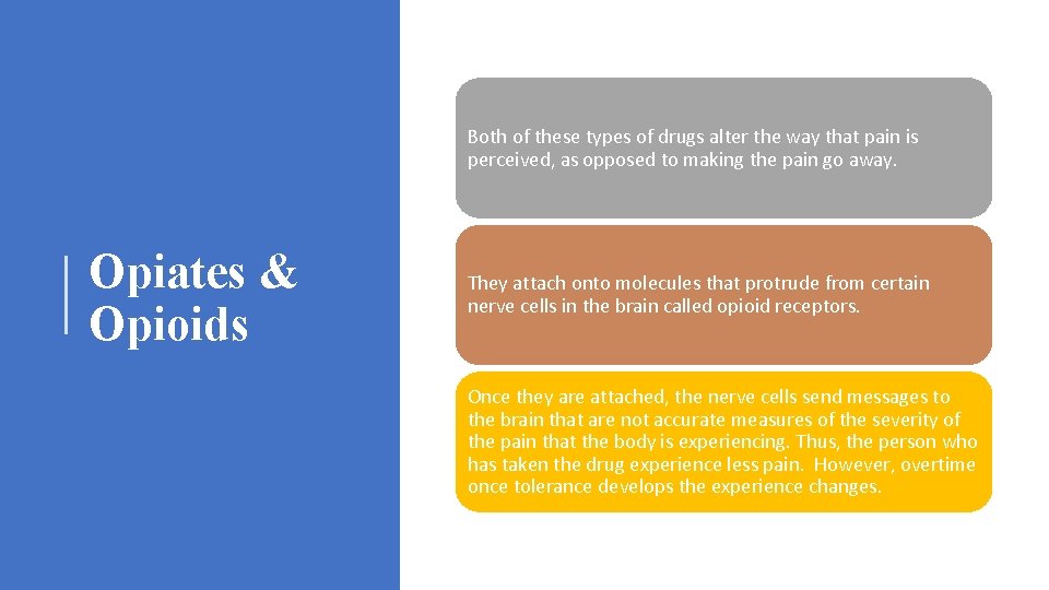 Both of these types of drugs alter the way that pain is perceived, as