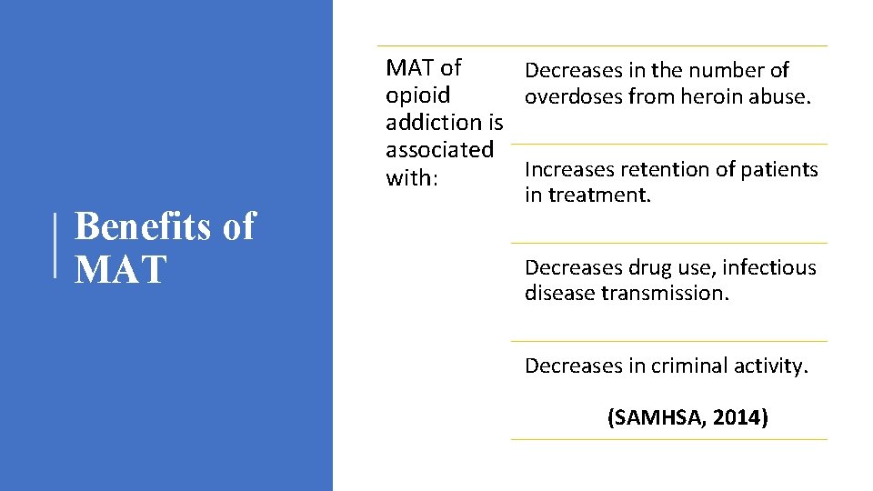MAT of Decreases in the number of opioid overdoses from heroin abuse. addiction is