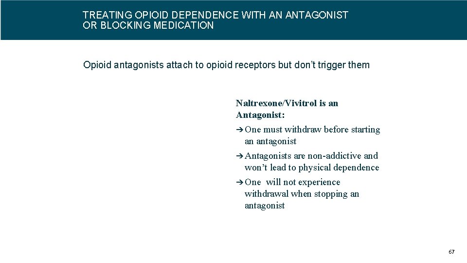 TREATING OPIOID DEPENDENCE WITH AN ANTAGONIST OR BLOCKING MEDICATION Opioid antagonists attach to opioid