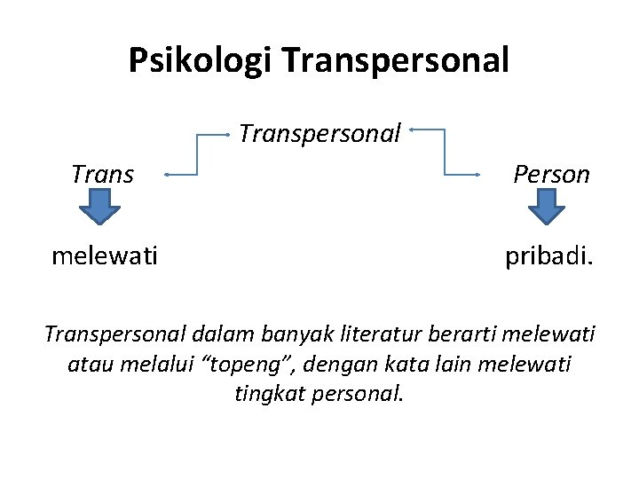 Psikologi Transpersonal Trans Person melewati pribadi. Transpersonal dalam banyak literatur berarti melewati atau melalui