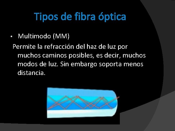 Tipos de fibra óptica Multimodo (MM) Permite la refracción del haz de luz por