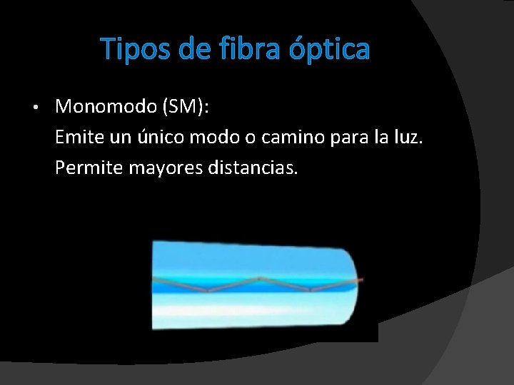 Tipos de fibra óptica • Monomodo (SM): Emite un único modo o camino para