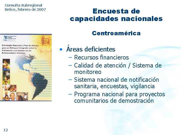 Consulta Subregional Belice, febrero de 2007 Encuesta de capacidades nacionales Centroamérica • Áreas deficientes