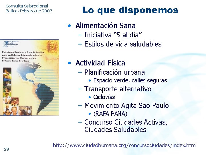 Consulta Subregional Belice, febrero de 2007 Lo que disponemos • Alimentación Sana – Iniciativa