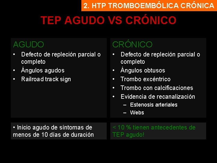 2. HTP TROMBOEMBÓLICA CRÓNICA TEP AGUDO VS CRÓNICO AGUDO CRÓNICO • Defecto de repleción