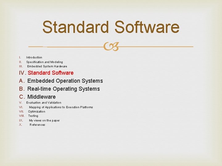 Standard Software I. III. Introduction Specification and Modeling Embedded System Hardware IV. Standard Software