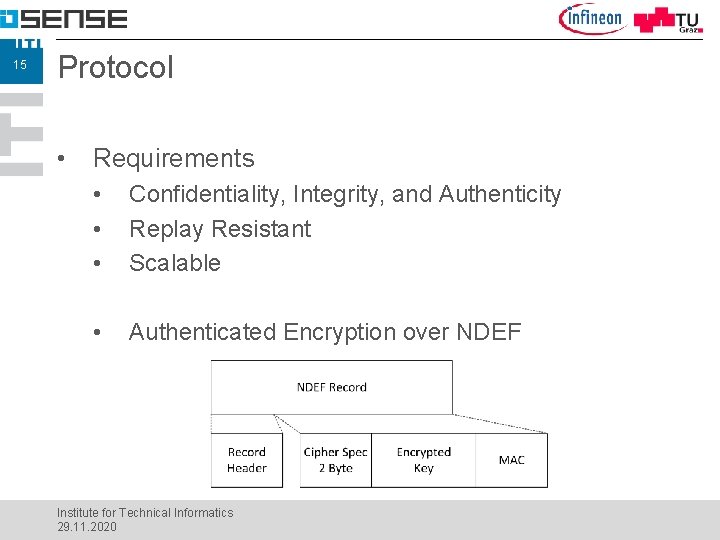 15 Protocol • Requirements • • • Confidentiality, Integrity, and Authenticity Replay Resistant Scalable