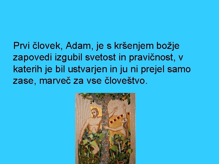 Prvi človek, Adam, je s kršenjem božje zapovedi izgubil svetost in pravičnost, v katerih