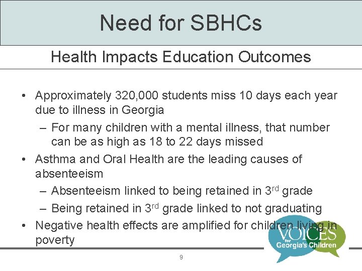 Need for SBHCs Health Impacts Education Outcomes • Approximately 320, 000 students miss 10