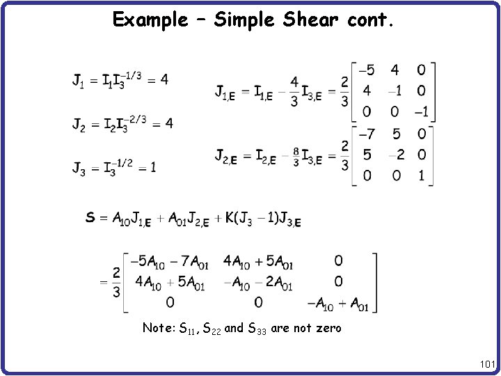 Example – Simple Shear cont. Note: S 11, S 22 and S 33 are