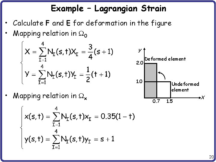 Example – Lagrangian Strain • Calculate F and E for deformation in the figure