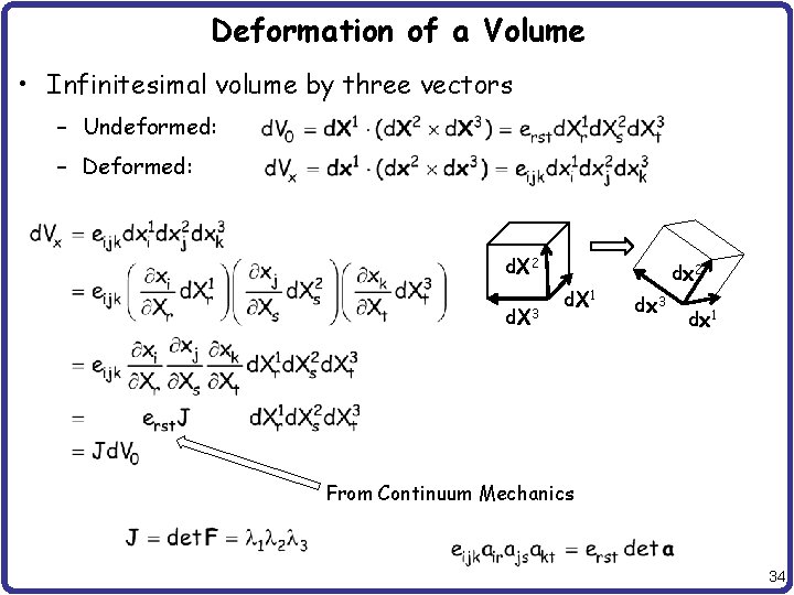 Deformation of a Volume • Infinitesimal volume by three vectors – Undeformed: – Deformed: