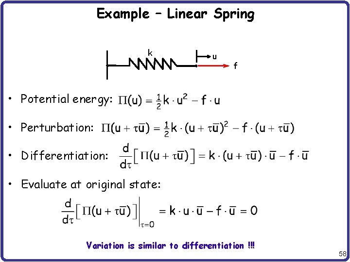 Example – Linear Spring k u f • Potential energy: • Perturbation: • Differentiation: