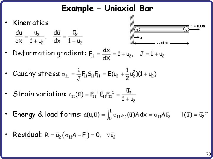 Example – Uniaxial Bar • Kinematics 1 2 F = 100 N x L
