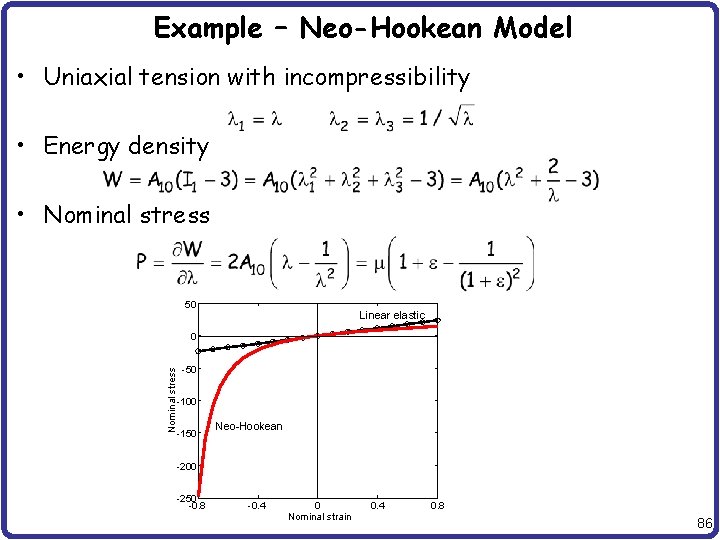 Example – Neo-Hookean Model • Uniaxial tension with incompressibility • Energy density • Nominal