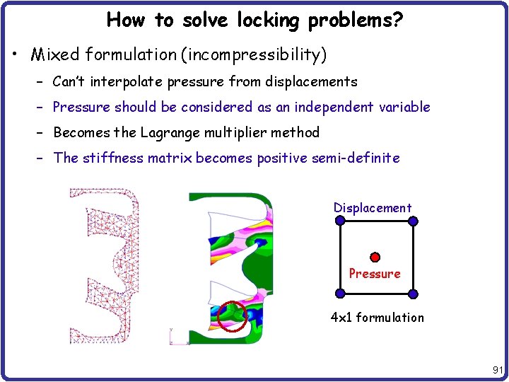 How to solve locking problems? • Mixed formulation (incompressibility) – Can’t interpolate pressure from