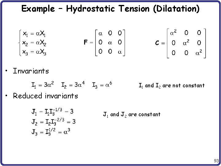 Example – Hydrostatic Tension (Dilatation) • Invariants I 1 and I 2 are not