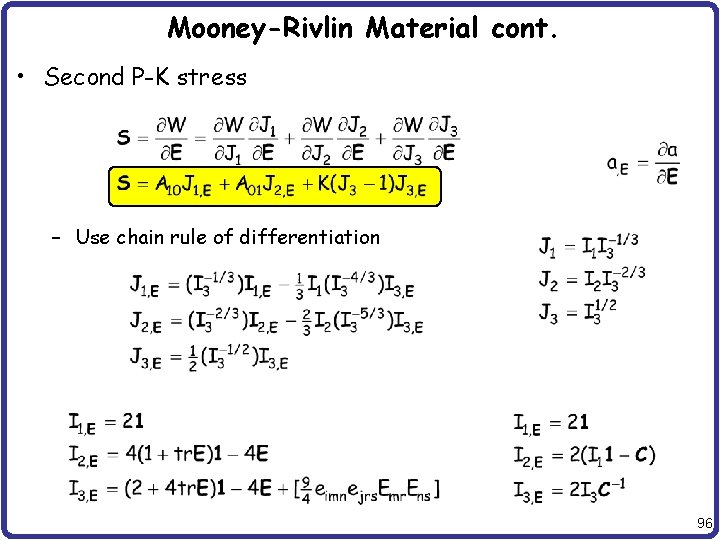 Mooney-Rivlin Material cont. • Second P-K stress – Use chain rule of differentiation 96