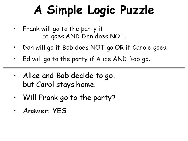A Simple Logic Puzzle • Frank will go to the party if Ed goes