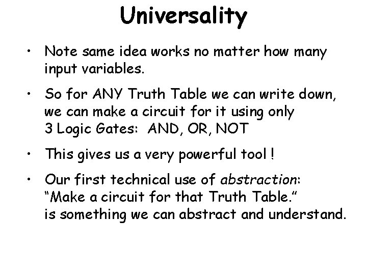 Universality • Note same idea works no matter how many input variables. • So