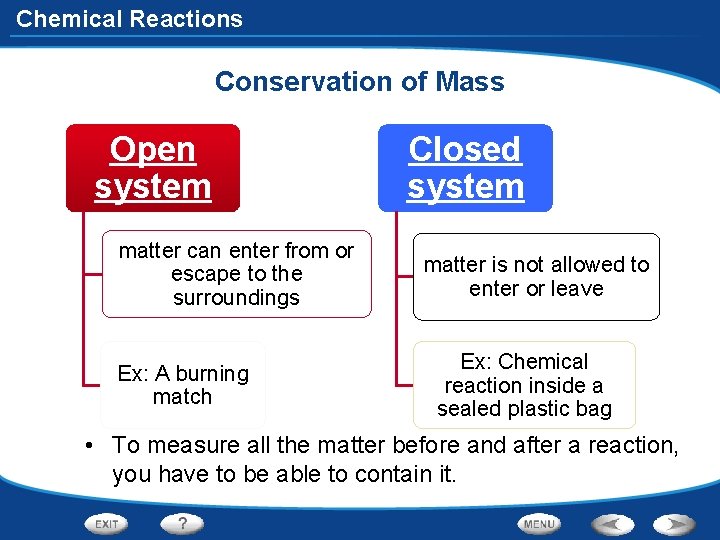 Chemical Reactions Conservation of Mass Open system matter can enter from or escape to