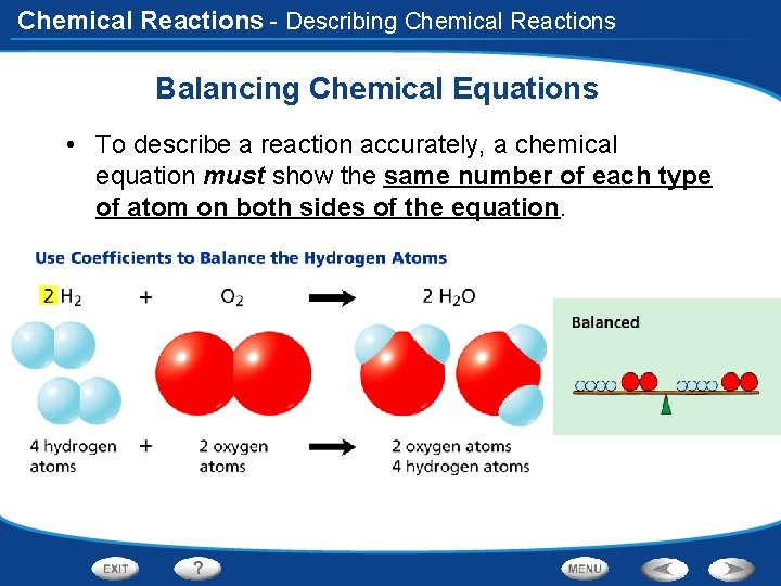 Chemical Reactions - Describing Chemical Reactions Balancing Chemical Equations • To describe a reaction