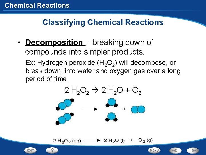 Chemical Reactions Classifying Chemical Reactions • Decomposition - breaking down of compounds into simpler