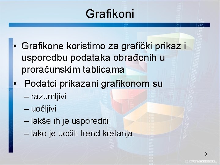 Grafikoni • Grafikone koristimo za grafički prikaz i usporedbu podataka obrađenih u proračunskim tablicama