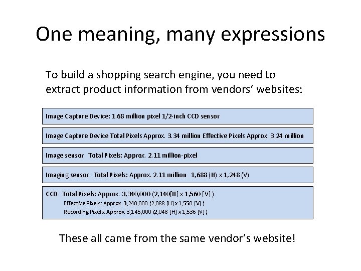 One meaning, many expressions To build a shopping search engine, you need to extract