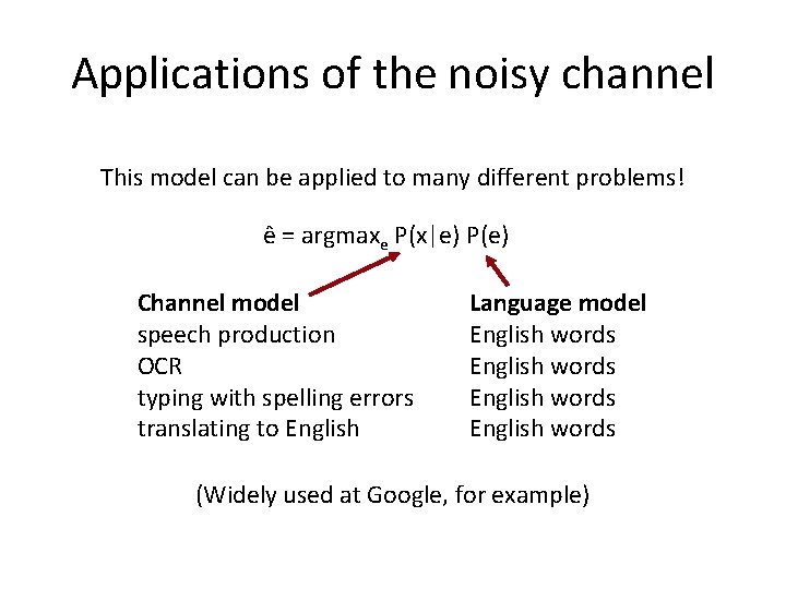 Applications of the noisy channel This model can be applied to many different problems!