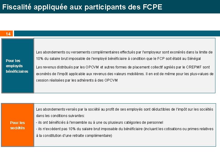 Fiscalité appliquée aux participants des FCPE 14 Les abondements ou versements complémentaires effectués par