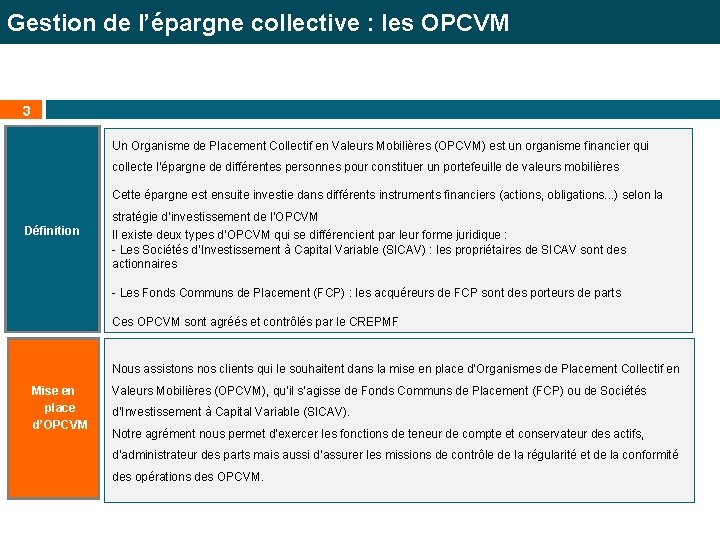 Gestion de l’épargne collective : les OPCVM 3 Un Organisme de Placement Collectif en