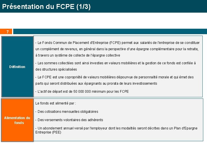 Présentation du FCPE (1/3) 7 - Le Fonds Commun de Placement d’Entreprise (FCPE) permet
