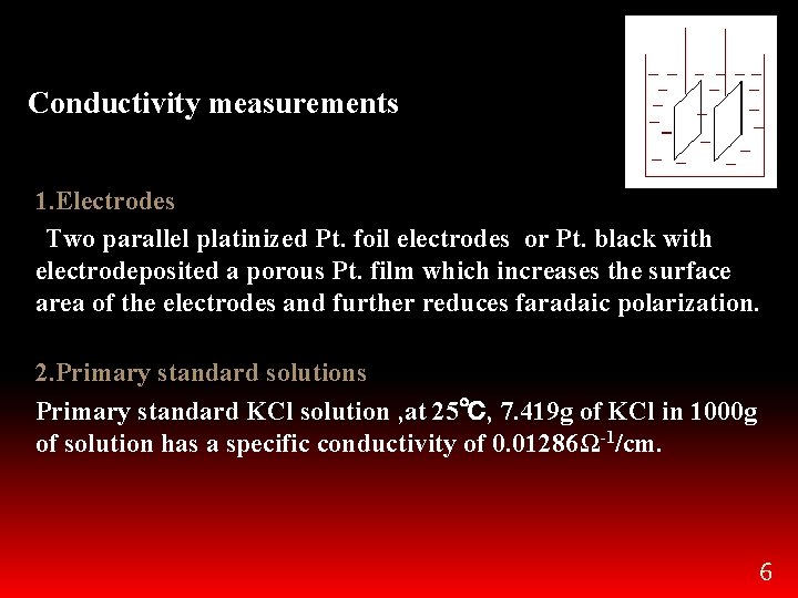 Conductivity measurements 1. Electrodes Two parallel platinized Pt. foil electrodes or Pt. black with